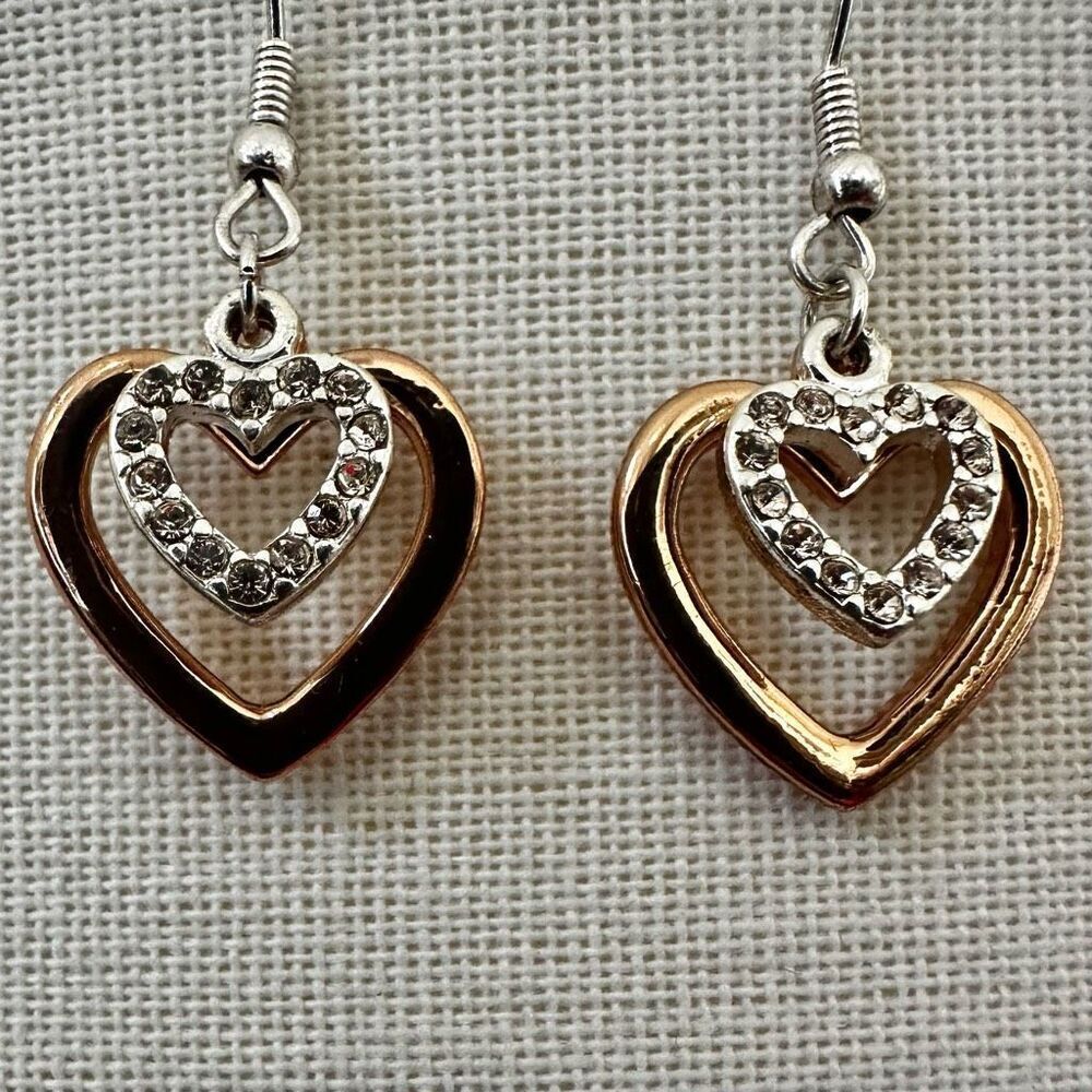 Rose GoldโTone Heart Drop Earrings with Rhinestone Accents
